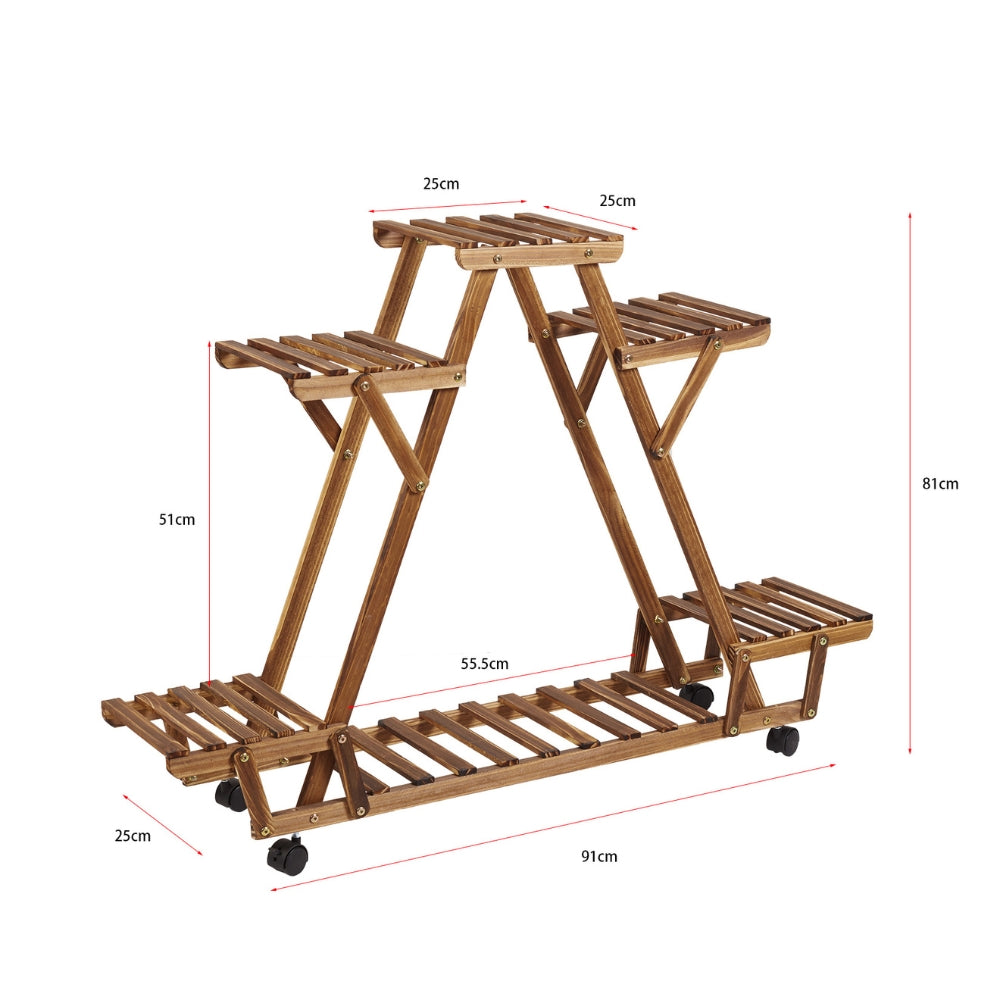 Triangular Plant Shelf 6 Potted Wood Plant Holder Stand Display Storage Rack with Wheels