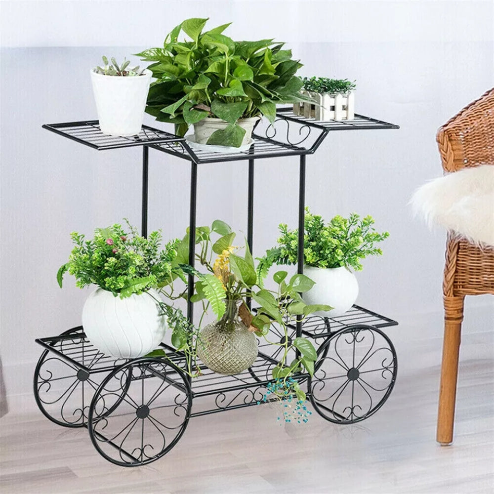 6 Tiers Metal Garden Cart Plant Stand Display Shelf Rack