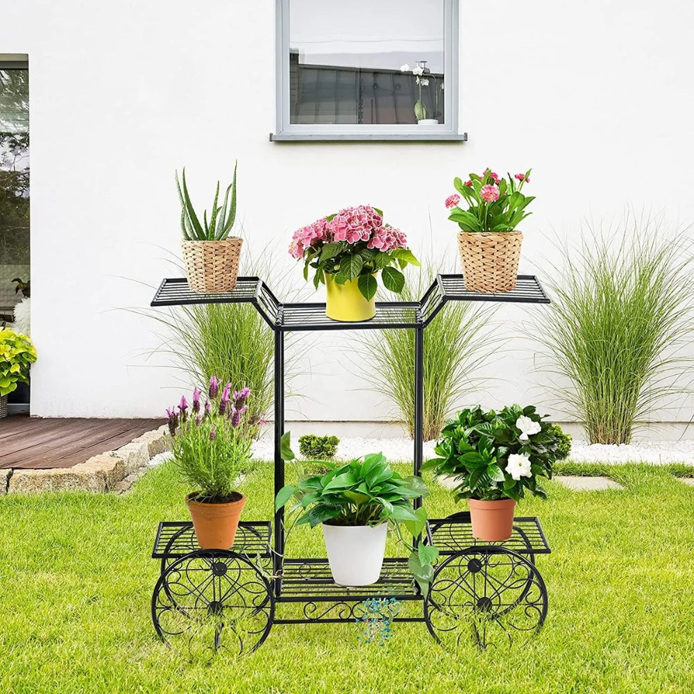 6 Tiers Metal Garden Cart Plant Stand Display Shelf Rack