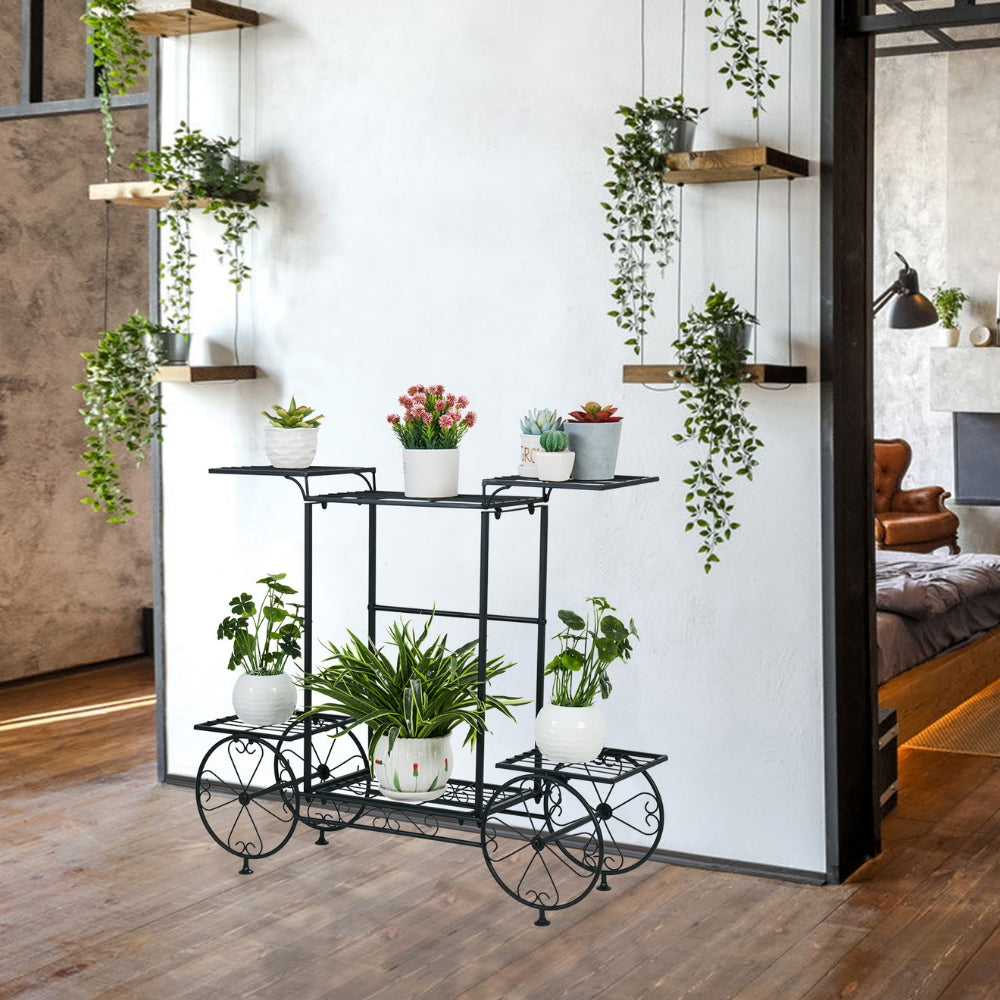 6 Tiers Metal Garden Cart Plant Stand Display Shelf Rack