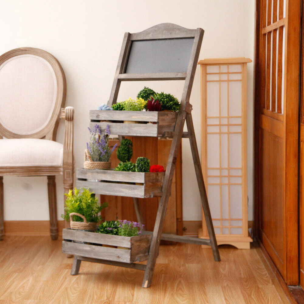 Folding Ladder 3 Tier Plant Stand Garden Flower Pot Holder Shelf with Chalkboard