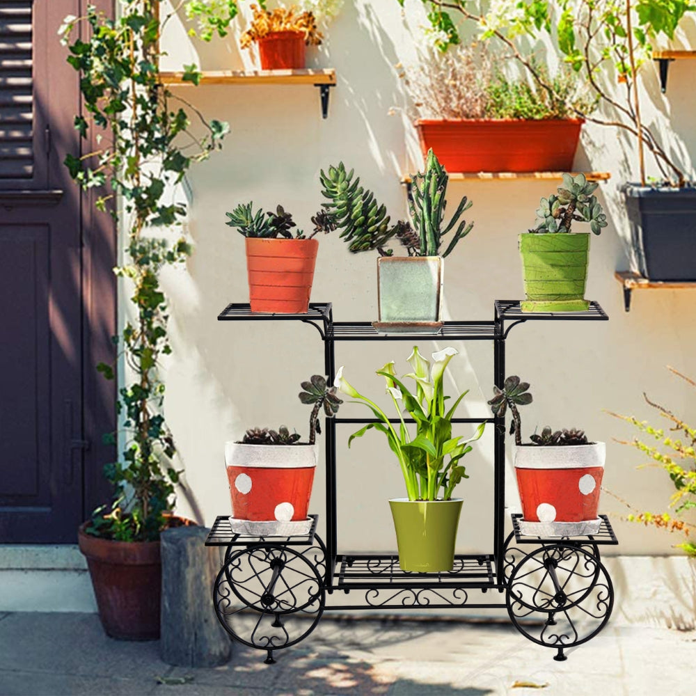 6 Tiers Metal Garden Cart Plant Stand Display Shelf Rack