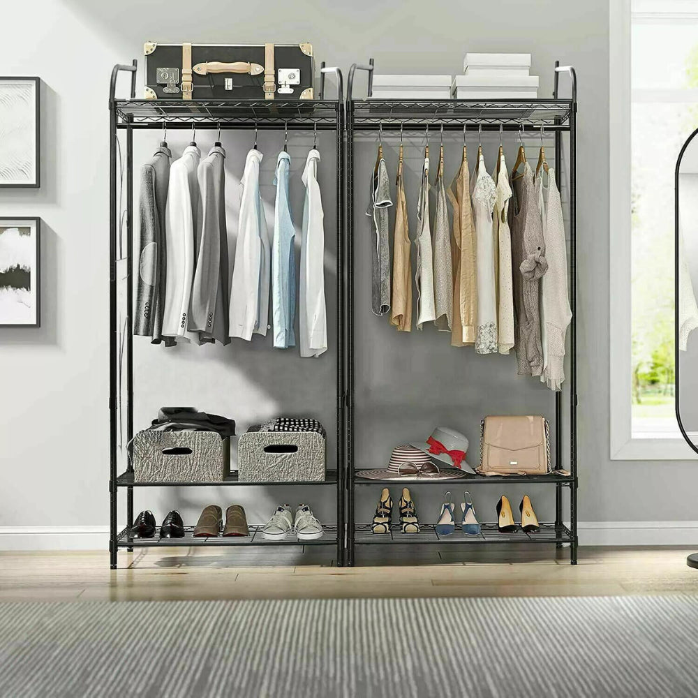 Black Metal Heavy Duty Clothes Rail Clothes Rack with 2 Shelf Storage Shelves