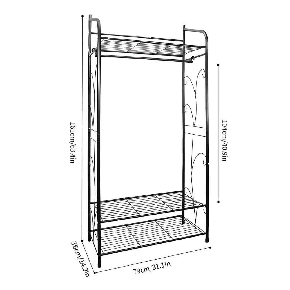 Black Metal Heavy Duty Clothes Rail Clothes Rack with 2 Shelf Storage Shelves
